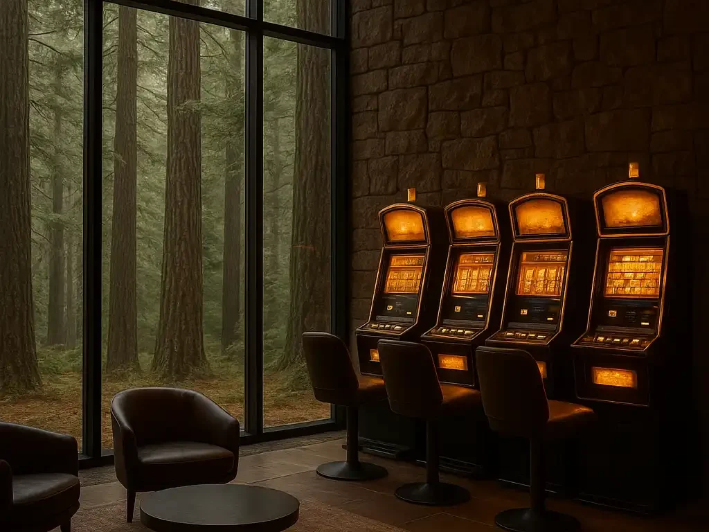 Salle de casino moderne dans un chalet en cedre entoure de foret