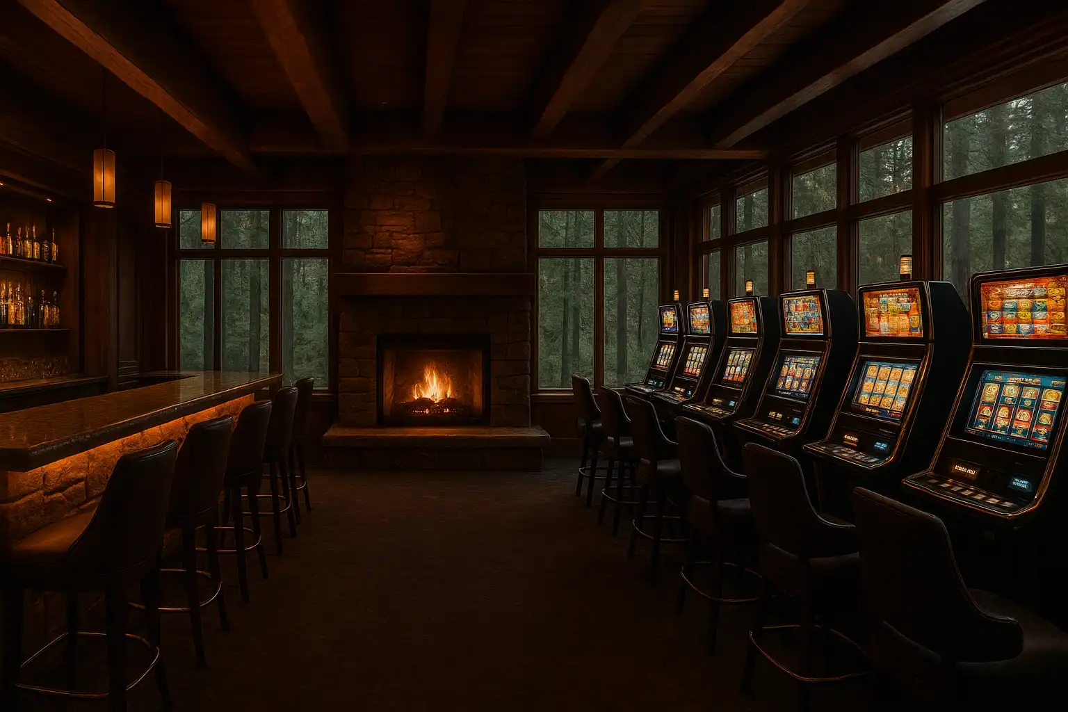 Vue d'ensemble du casino Atefia dans un chalet en cedre